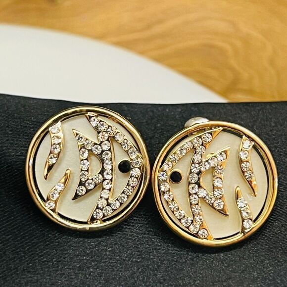 Vintage Fish Gold Clear Black Rhinestone Unique Fancy Earrings MOP NWOT Y2k 1188 - Picture 3 of 7